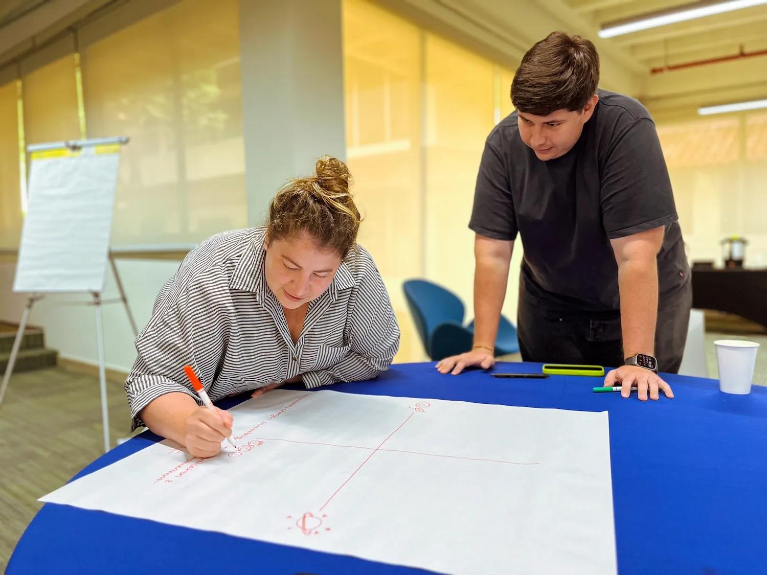 Hombre y mujer realizan una infografía durante el programa de Incubación de Startups